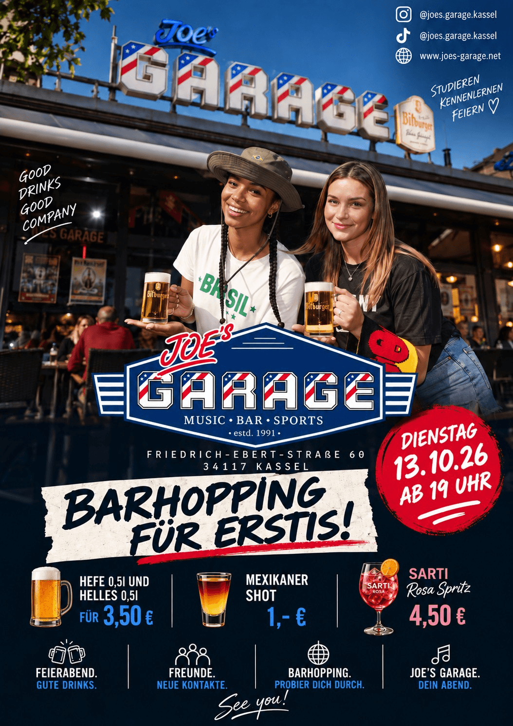 Barhopping für Erstis der Uni Kassel bei Joe’s Garage am Dienstag, 13.10.2026, ab 19 Uhr mit Getränkeangeboten