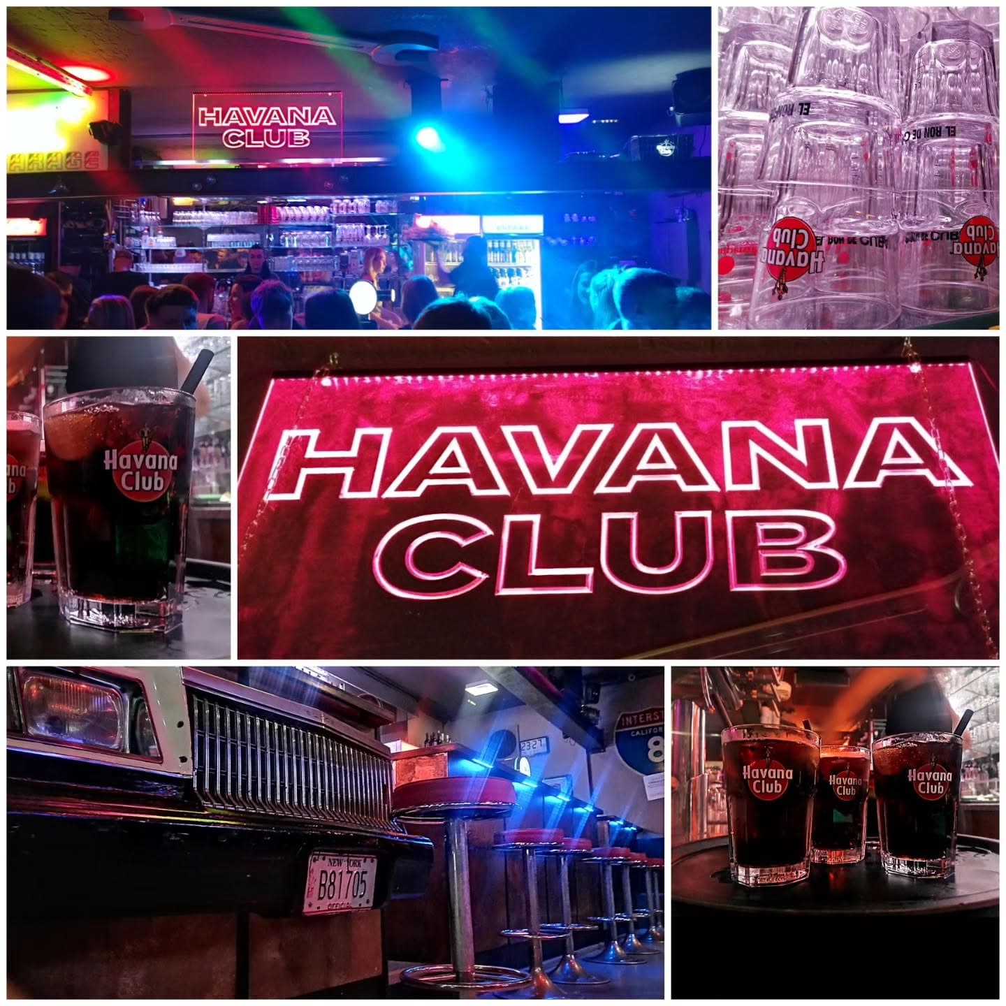 Collage aus Cocktails, Neonlicht und Interieur der Havana Club Bar bei Joe’s Garage