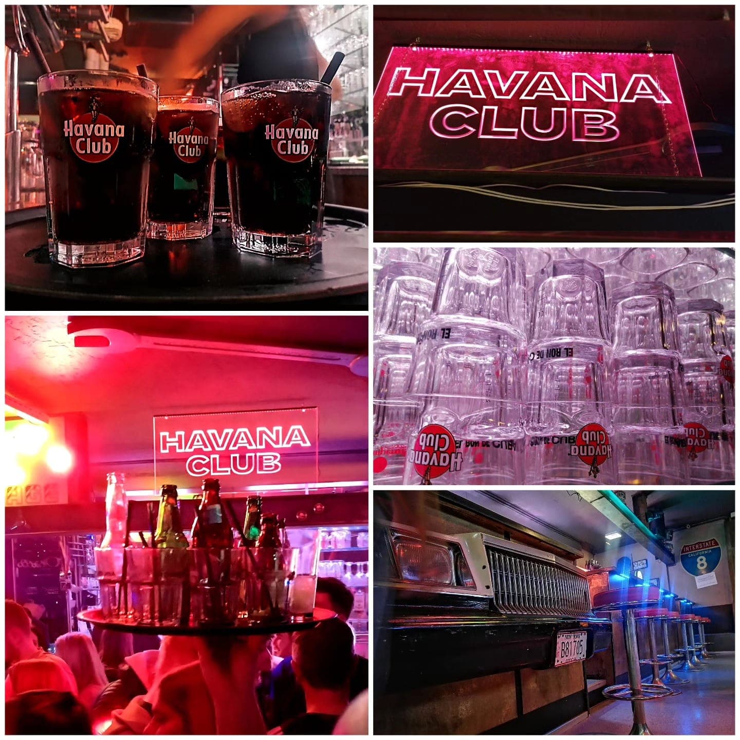 Collage mit Havana-Club-Drinks, Gläsern und Barinterieur