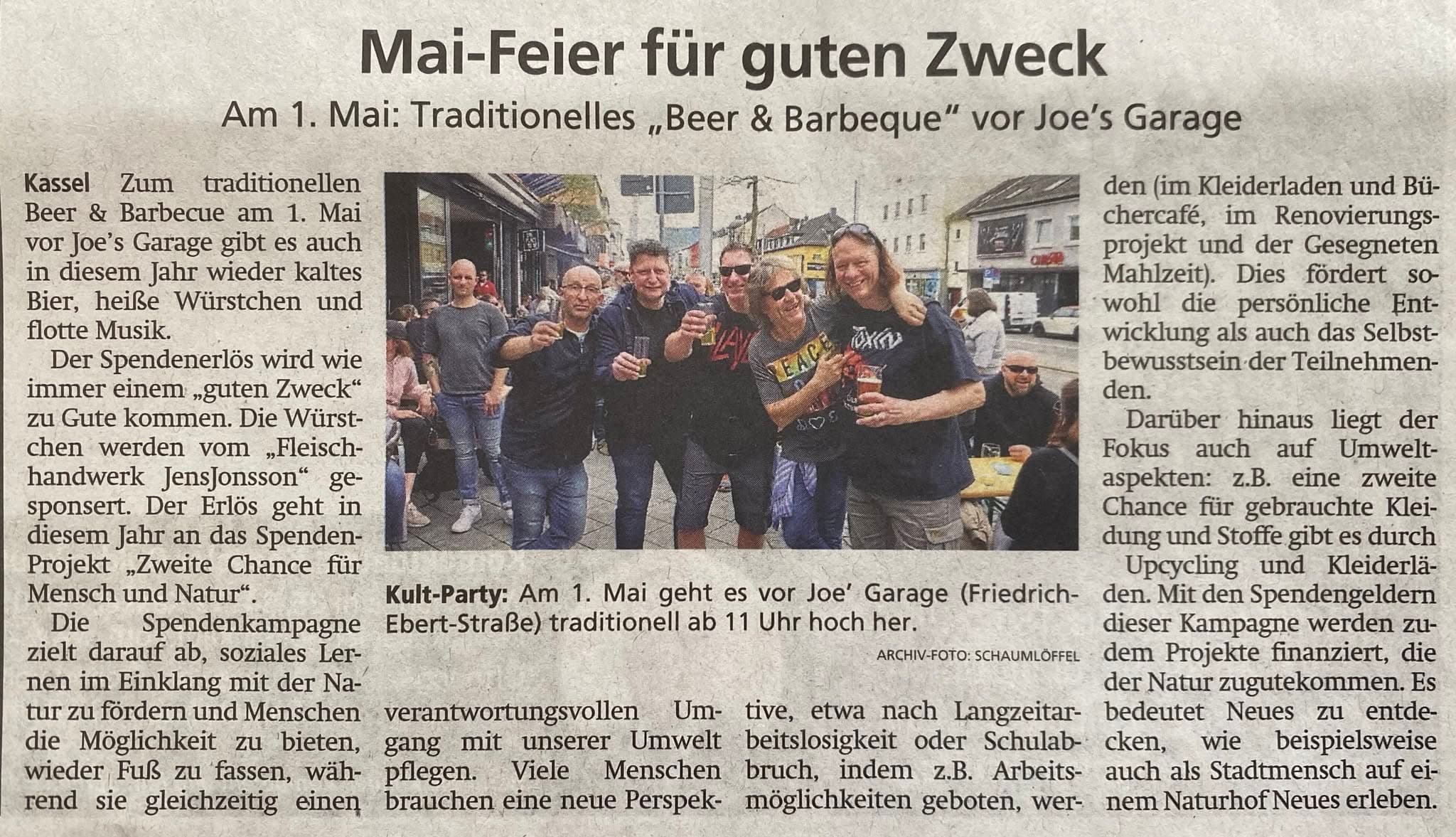 Zeitungsausschnitt: Mai-Feier für guten Zweck bei Joe’s Garage Kassel