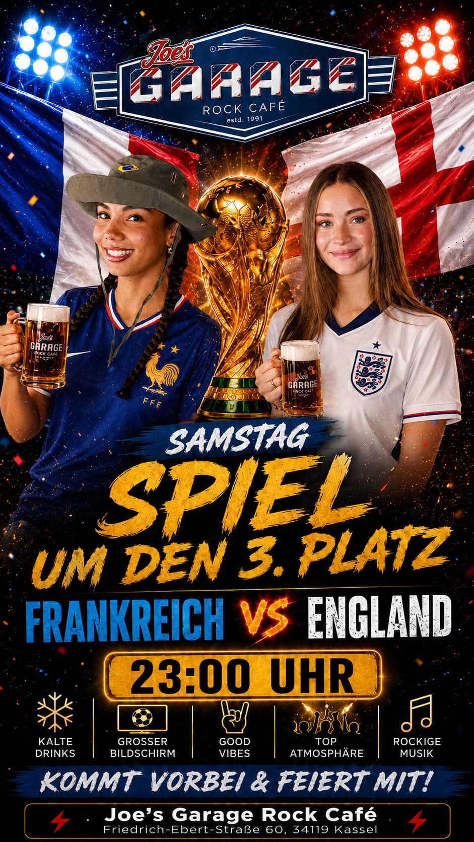 Joe’s Garage Veranstaltungsplakat zum Spiel um Platz drei zwischen Frankreich und England