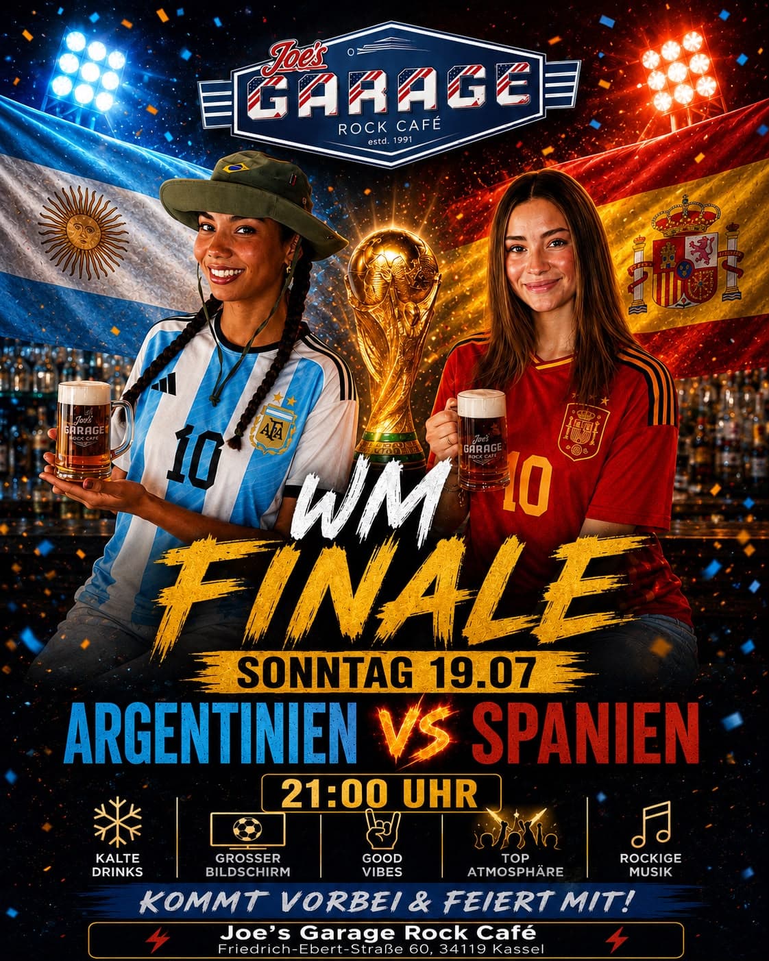 Joe’s Garage Veranstaltungsplakat zum WM-Finale zwischen Argentinien und Spanien